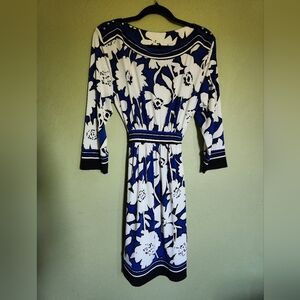 New York and Company blue and off white floral belted dress